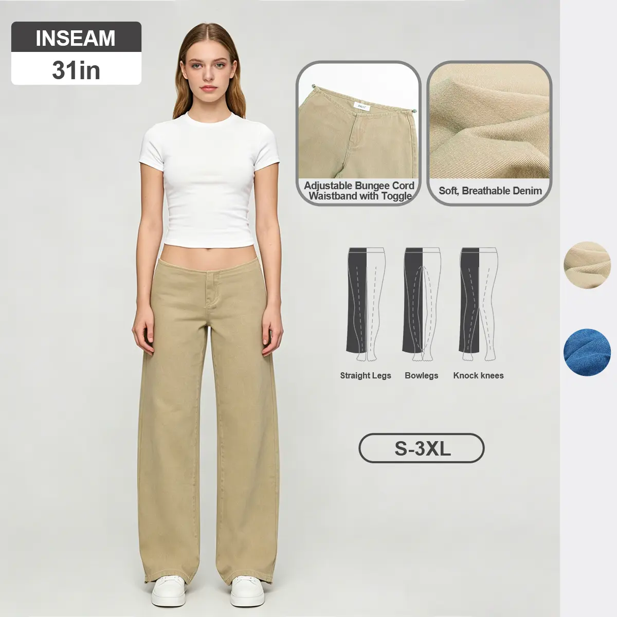 Pwest Khaki Low-Rise Wide-Leg Jeans — NYC Adjustable Drawstring Waistband/Hem, Relaxed Straight Cut, Soft Daily Wear-Spring Summer Bottom Exclusive for Small Sizes