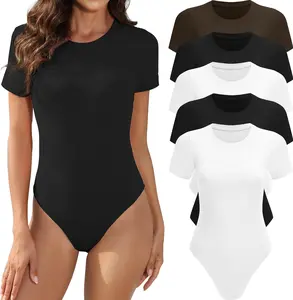5 Pack Body Suits for Womens Short Sleeve Round Neck Casual Stretchy Basic T Shirt Bodysuit Tops Black