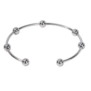 Ball Lined Open Ball End Cuff Bracelet - Stainless Steel