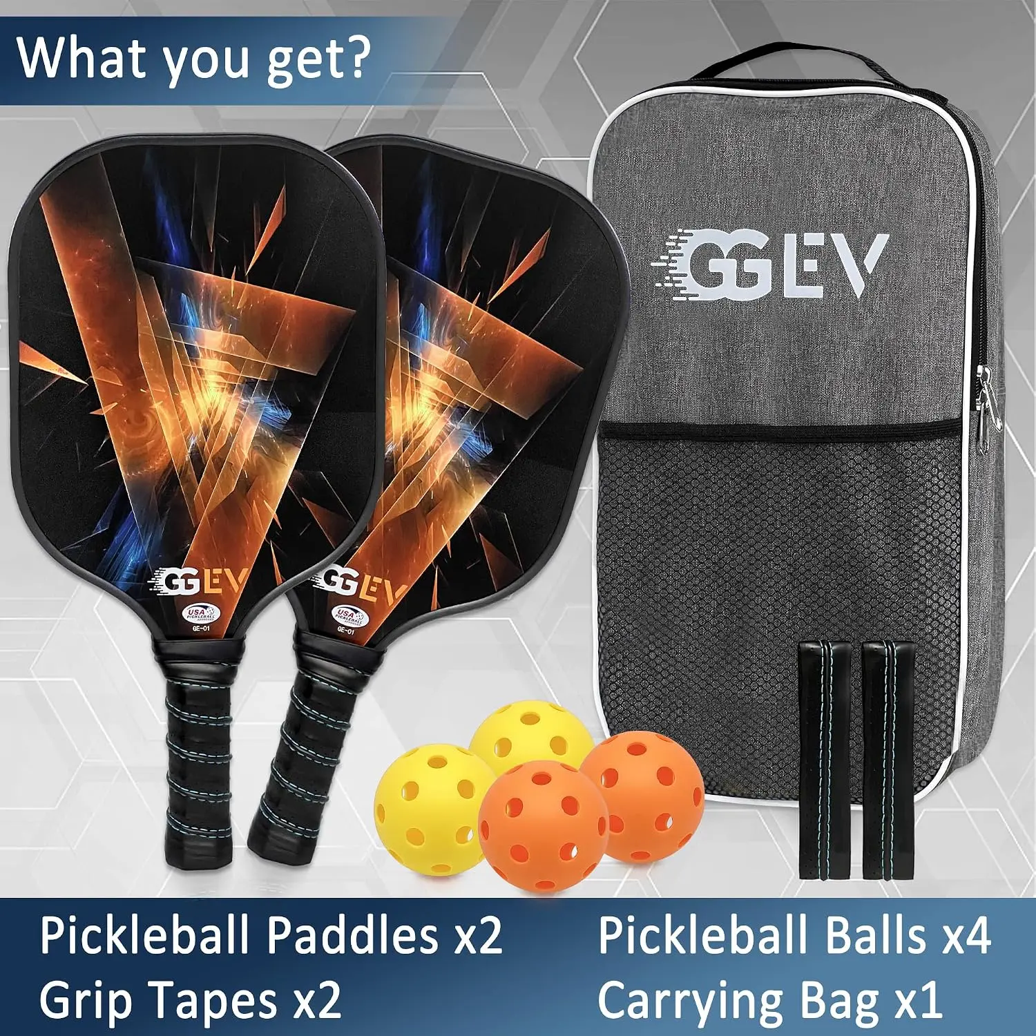 GGEV Unisex Lightweight Recreational Wide-Shape Pickleball Paddle Set (2 Pack) - USA Pickleball Approved Fiberglass Paddles, Cushioned Grip, Edge Guard, 4 Balls, Bag, Grip Tapes for Indoor/Outdoor Use