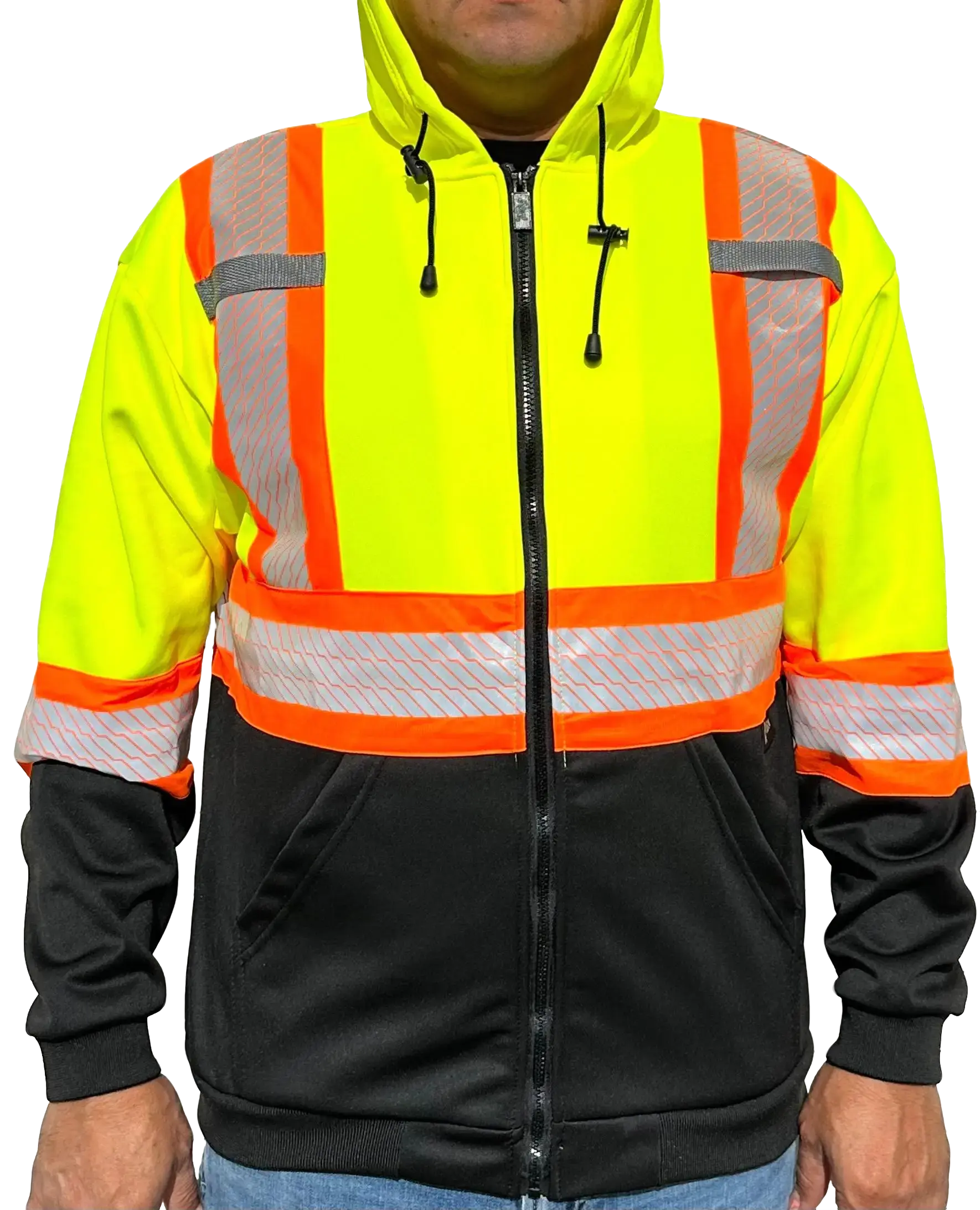 Yellow 2 Tones Long Sleeve Hooded Safety Sweatshirt with Zipper Fleece Knit - Soft Reflective Pockets & Adjustable Hood for Men