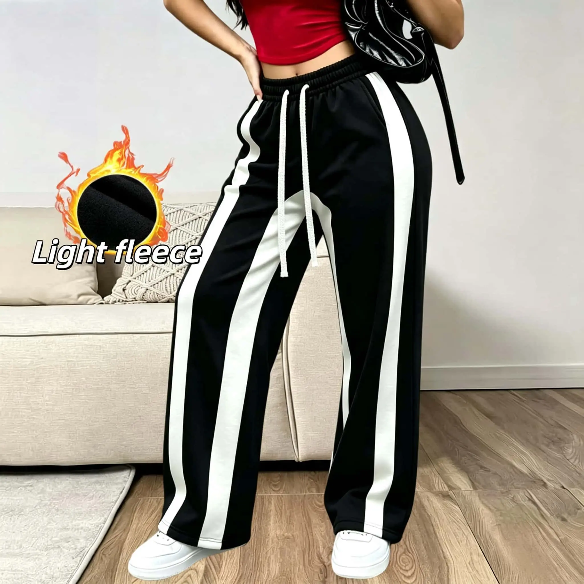 Women's Lightweight Breathable Stripe Print Wide Leg Sweatpants - High/Mid-Rise Elastic Drawstring Tie, Side White Stripe, All Seasons Casual Streetwear Trousers for Daily Sports Lounge Regular Sizes
