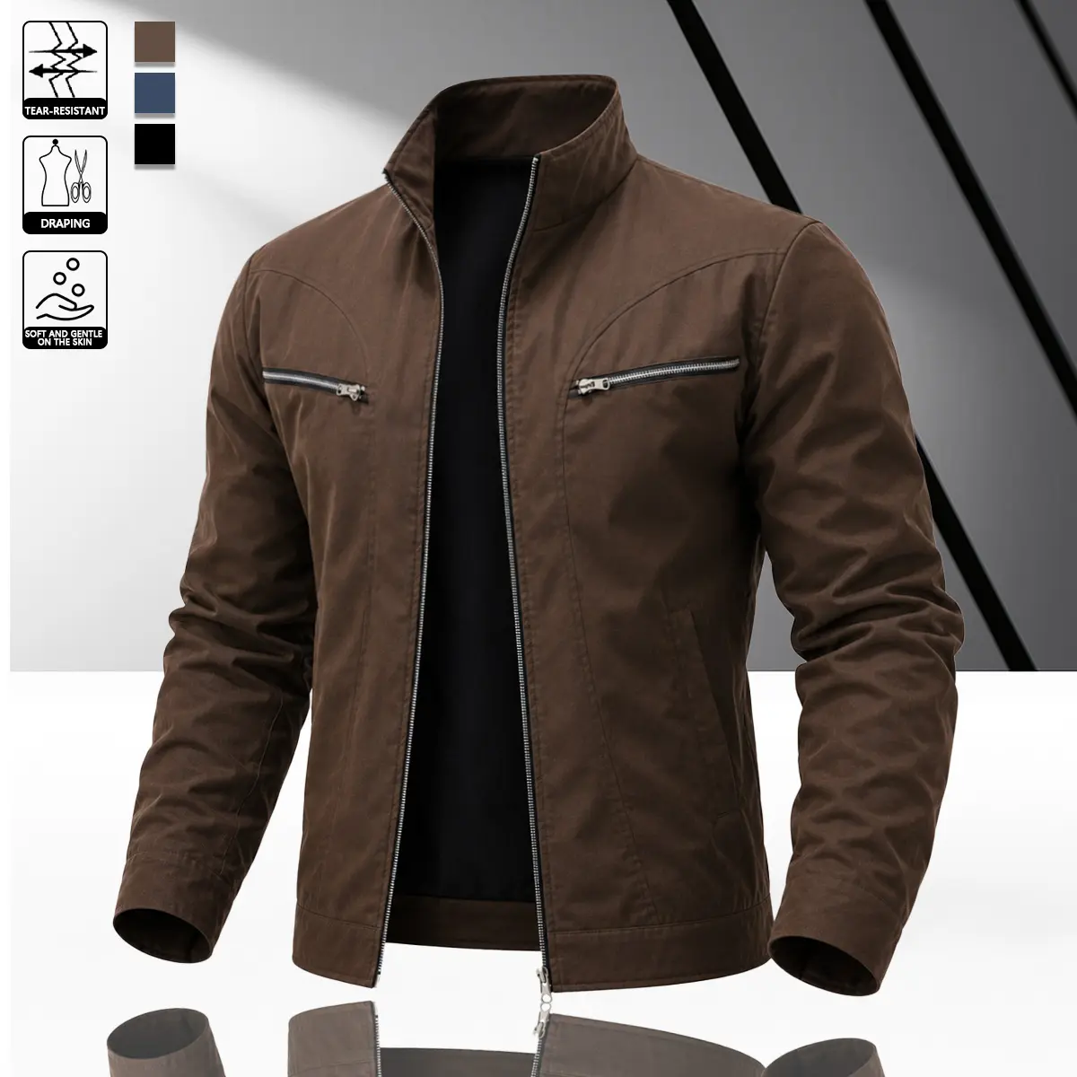 Men’s vintage style brown work jacket made from durable woven fabric with neat stitching, featuring a classic stand collar and a clean silhouette that enhances a refined look—ideal for dates, office casual wear, and urban strolls.