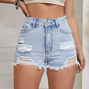 Women's vintage denim shorts with pockets and frayed edges, summer casual fashion everyday ripped shorts, back to school outfit, summer bottoms trousers, downtown girl style, lightweight cropped soft fabric, cotton button down, basic blue Womenswear Beach