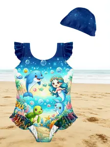 Dream Mermaid Swimsuit, Girl Sun Protection Baby Swimwear, Cartoon Underwater Pattern, Sleeveless Fitted Design