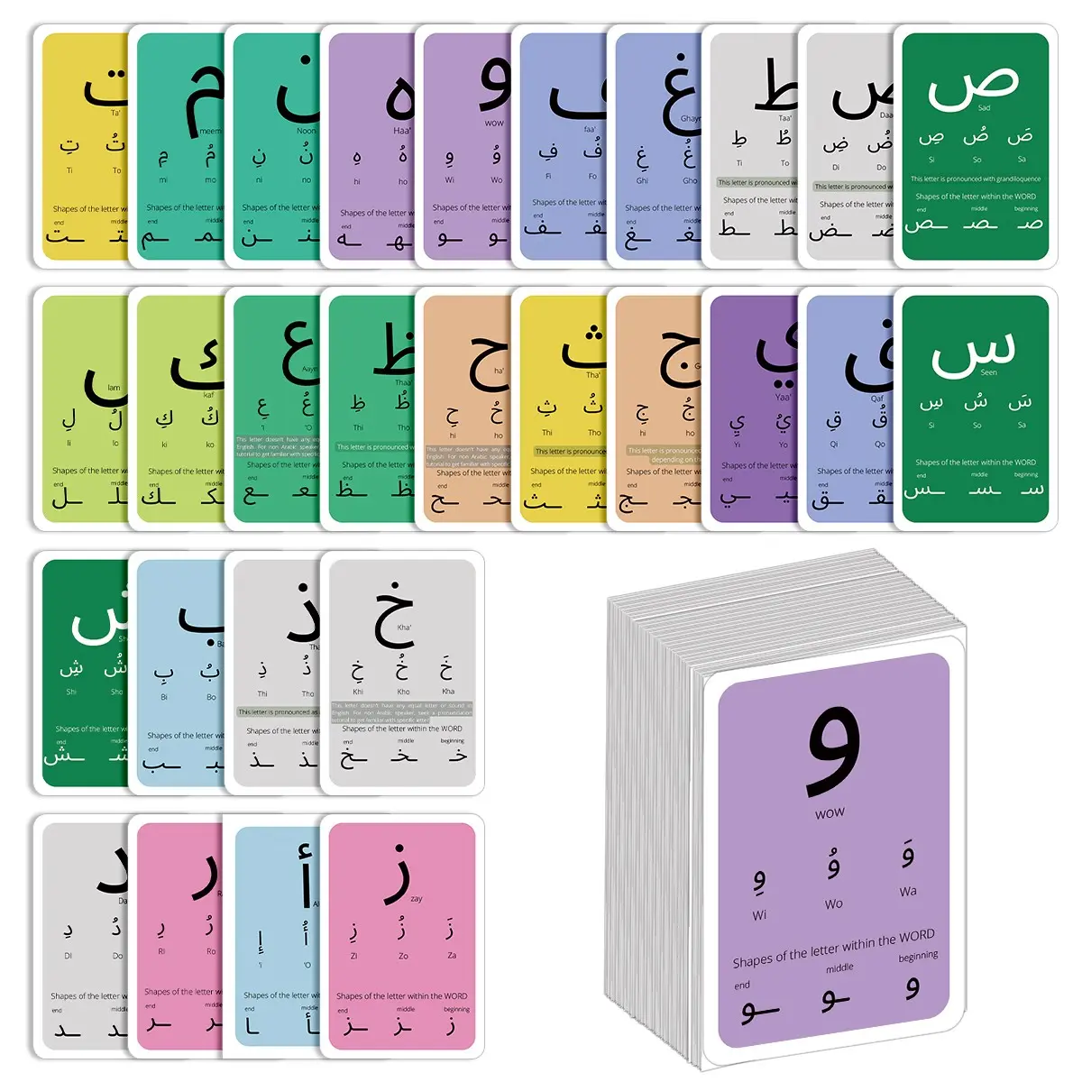 Arabic Alphabet Educational Flashcards Set, Language Learning Flashcards, Includes Vowels Consonants Diacritical Marks Numbers, Ideal for Arabic Beginners Learning Word Cards, Letter Flash Cards