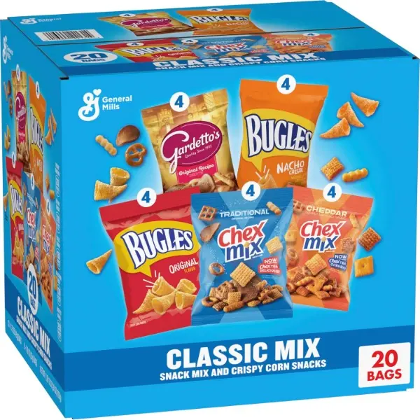 Assorted Snack Box - Crunchy Crisps & Puffed Snacks Combo Variety Pack, US 5 Flavors (Bugles Original, Bugles Nacho Cheese, Gardetto's Original Recipe, Chex Mix Traditional, Chex Mix Cheddar) - 20 Ct, 28oz, Snack Combo