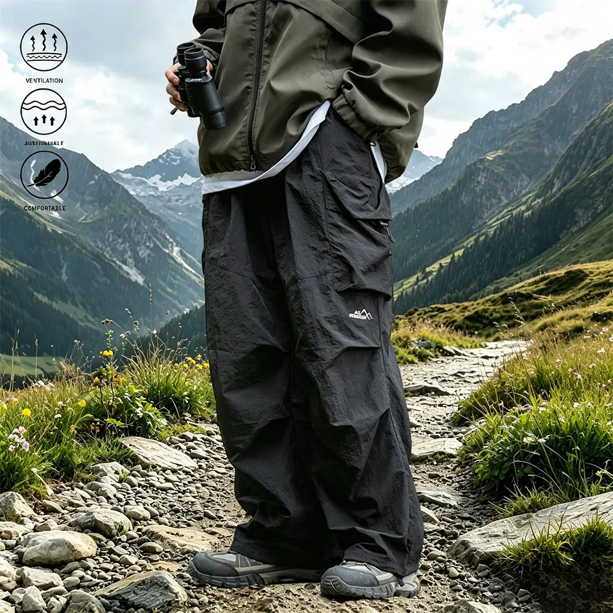 Men’s loose cargo pants with elastic waistband and pockets, lightweight and waterproof long pants for outdoor sports—ideal for hiking, climbing, fishing, and various outdoor activities; men’s clothing.