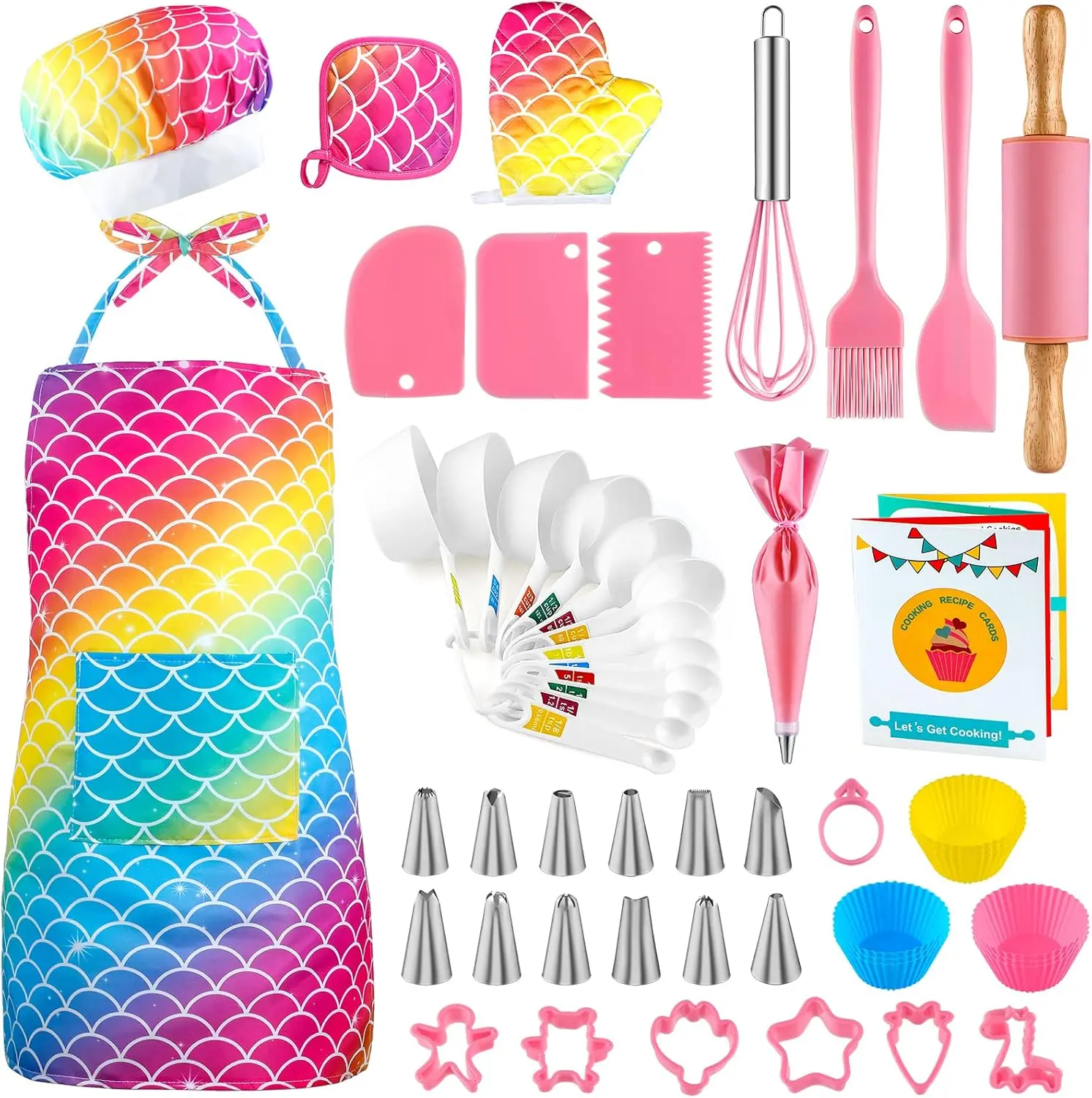 Kids Baking and Cooking Set for Girls, 54PCS Chef Costume Set with Kids Apron, Chef Hat, All Real Cooking Tools and Baking Supplies, Kitchen Utensils and Recipes for Child Junior Chefs 3+