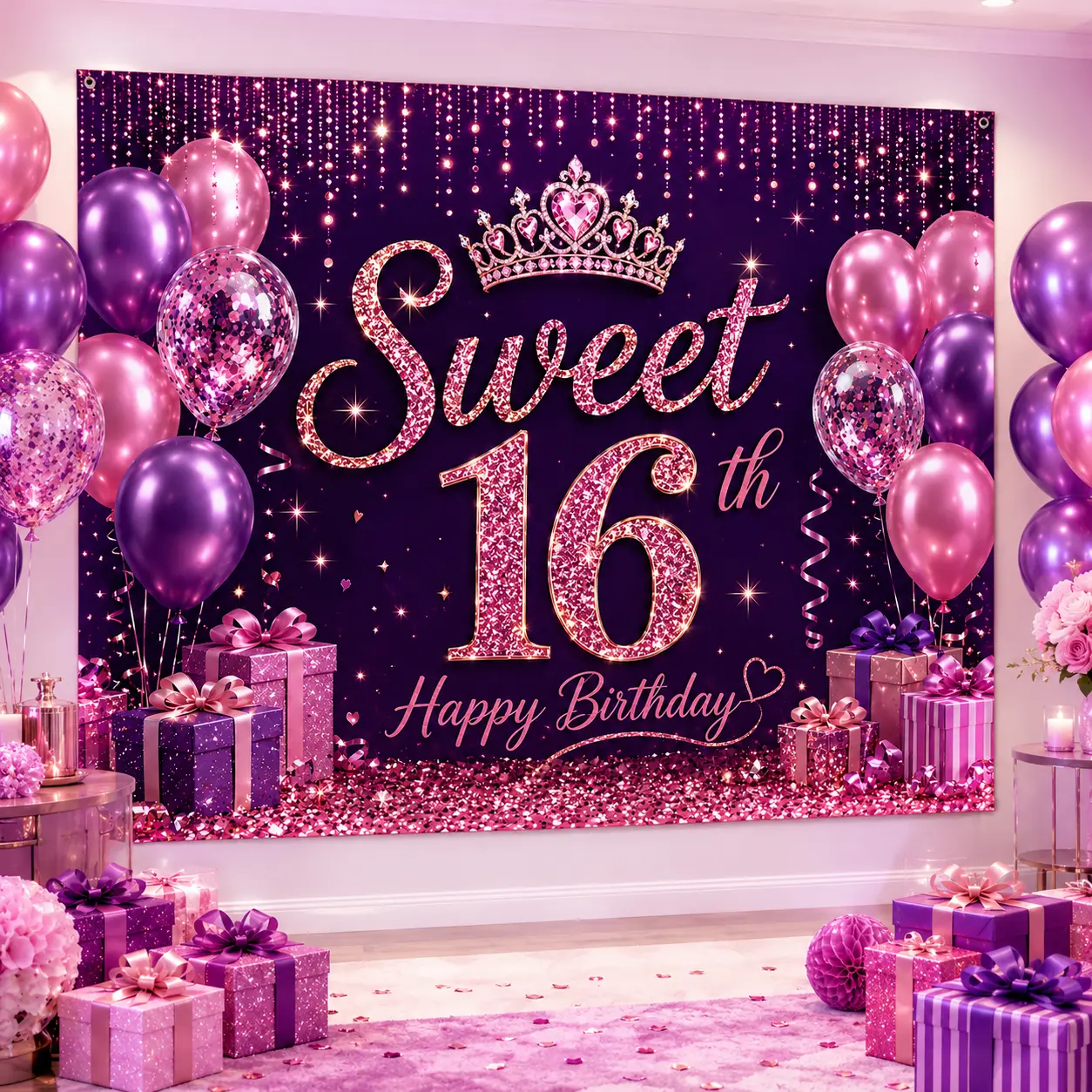 16th Birthday Polyester Backdrop Banner - Star & Balloon Letter Design, Purple Glitter Details, Glitter Crown Decor for Girls, Ideal for Photo Shoots, Cake Tables, Family Gatherings Indoor/Outdoor Photo Booth Wall Tapestry, Balloon Decor