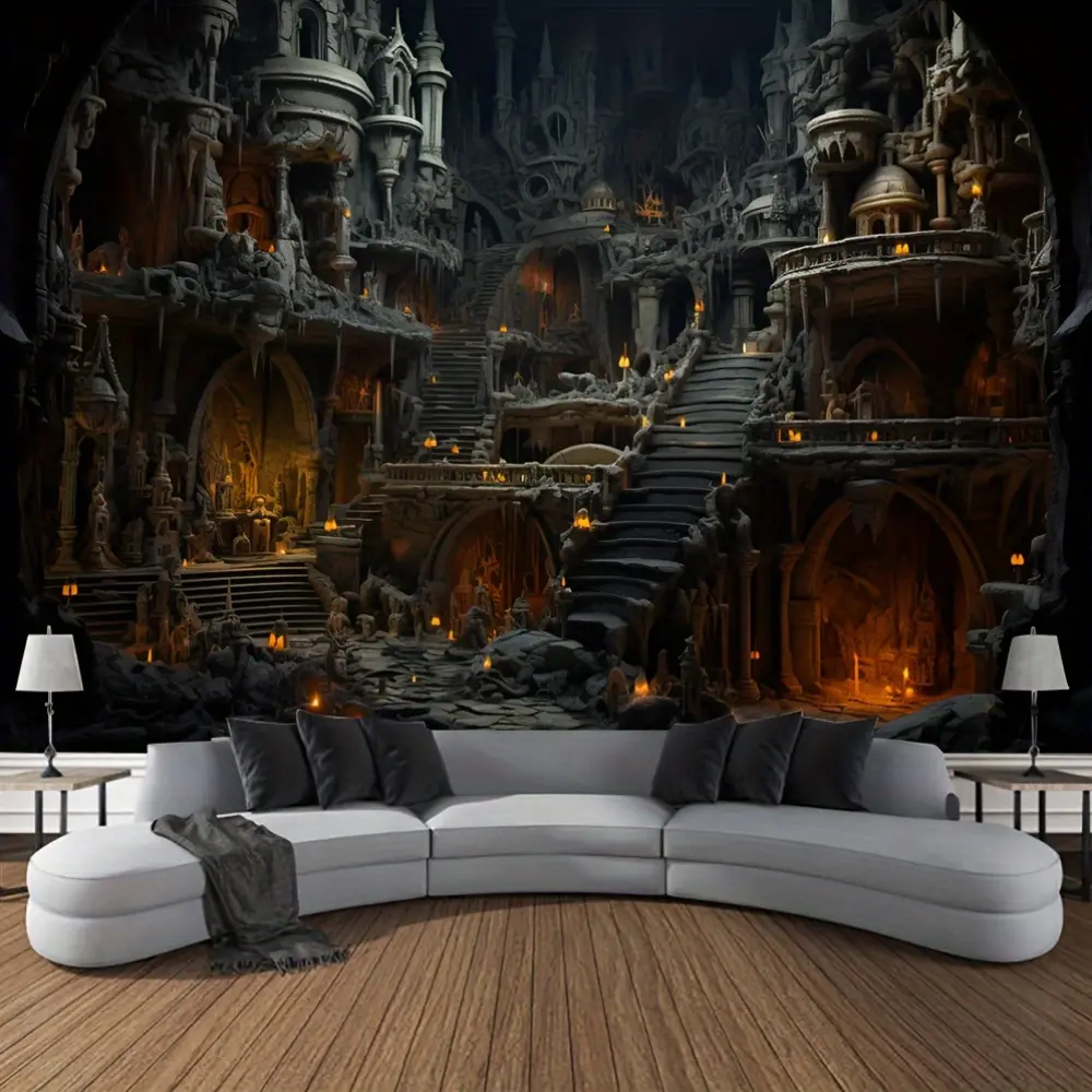 Vintage Gothic Castle Tapestry – Polyurethane Fabric, Horror Theme Wall Hanging for Halloween, Vampire Castle Interior Scene, No Electricity Needed, Featherless, Ideal for Halloween Party Decoration