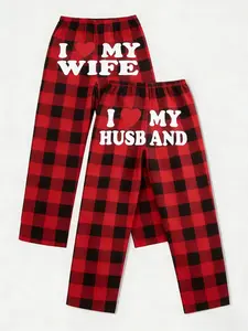 Classic Couple Design Pajamas, Plaid, I Love My Wife/husband Print, Comfortable Breathable Fabric, Loose Fit, All Seasons, Matching Outfits