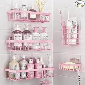 Bathroom Accessories 5-Pack WaterproofShower Rack No Drilling Required StickOnStoragewith Toothbrush & Soap Holder Large-CapacityMinimalist Design bathroom organizer bathroomaccessories teenage girl gift bath tool showercaddy Installation Set st