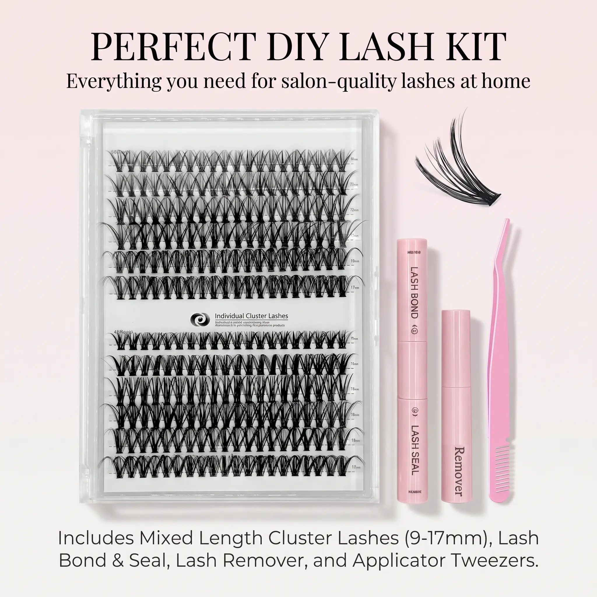 Complete Eyelash Extension Kit for Youth - D-Curl Mixed-Length Soft Natural Lashes, Bond and Seal Included, with Adhesive, Remover, Tweezers, Curler for Flawless Look