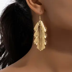 Women's Earring Stacking Set - Golden Leaf Layered Metal, Artificial Gemstone, Daily Wear Jewelry Accessory Gift
