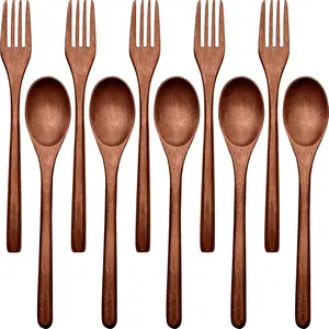 Pack of 10 Wooden Spoons Forks Set, Reusable Flatware Tableware Handmade Natural Cutlery Includes Spoon Fork for Cooking Eating Kitchen