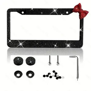 Stainless Steel License Plate Frame Set with Red Bow Black Diamond License Plate Cover for Car Decor Girl Car Decoration Best Gift for Wife and Girlfriend