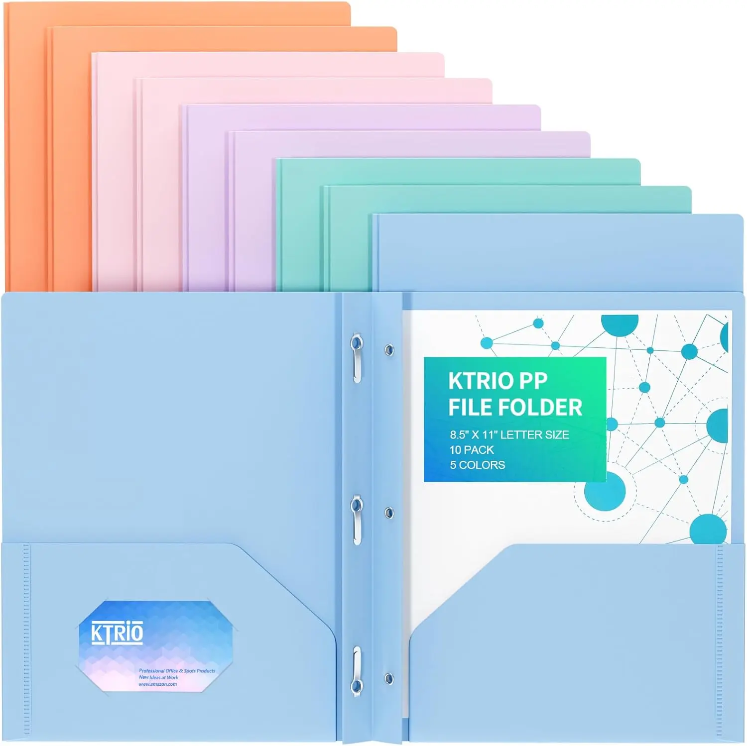 KTRIO Polypropylene Pocket Folders with 3-Prong Fasteners, Colored Heavy-Duty Letter Size (8.5in x 11in/9.4in x 11.5in), 2 Inner Pockets, Business Card Slot for School Supplies, Office Use