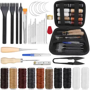 46 count Leather Stitching Sewing Kit,Sewing Tools Kit with 4mm Lacing Stitching Chisel, Waxed Thread and Large-Eye  for Leather Craft Projects DIY Sewing Work