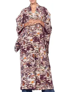 1940'S Silk Japanese Batik Printed Burgundy Floral  Kimono