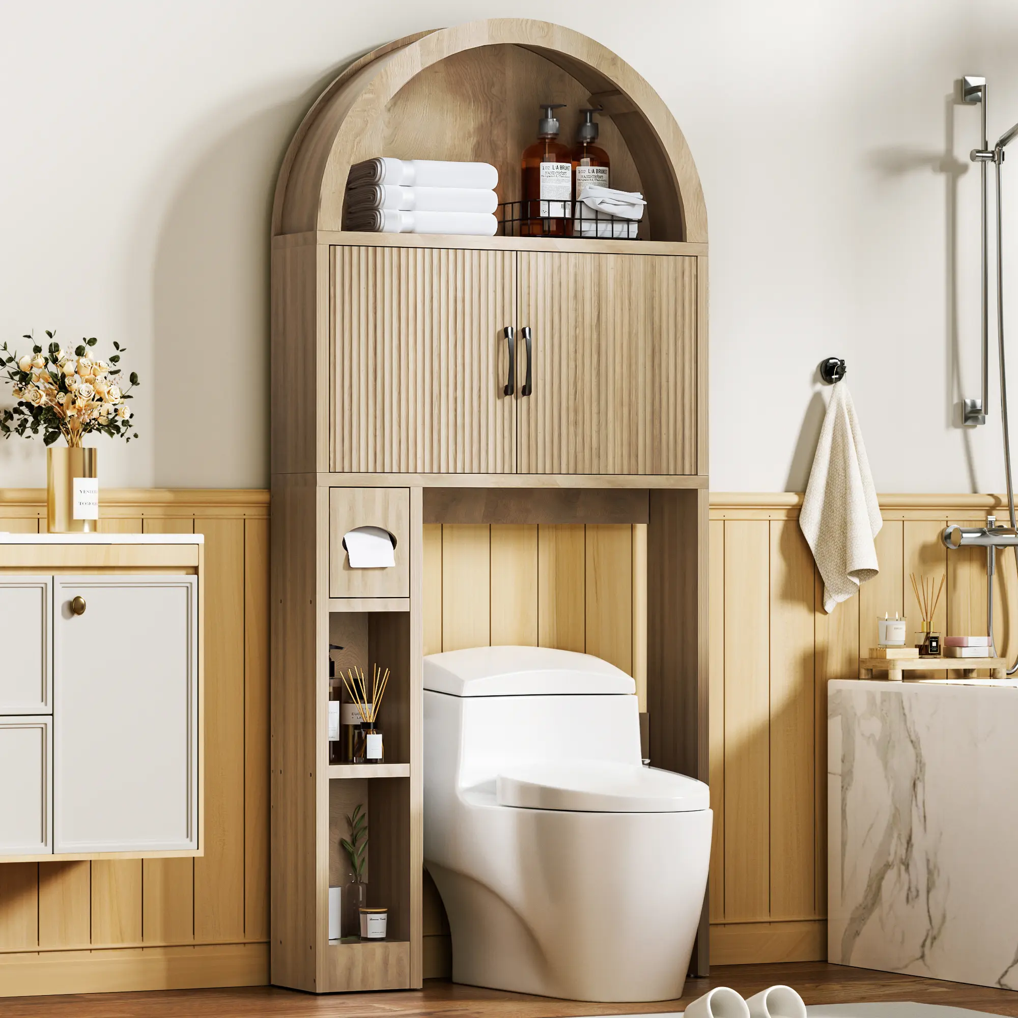 AHB Over-The-Toilet Raised Wall Cabinet - Farmhouse Compact Multifunctional Storage Cabinet with Elegant Arched Design, Adjustable Shelf, Bathroom Storage Organizer,dorm essentials,home decor homeessentials