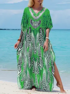 Ramadan Graphic Print V-neck Kaftan Dress, Elegant Batwing Sleeve Split Maxi Length Dress, Women's Clothing