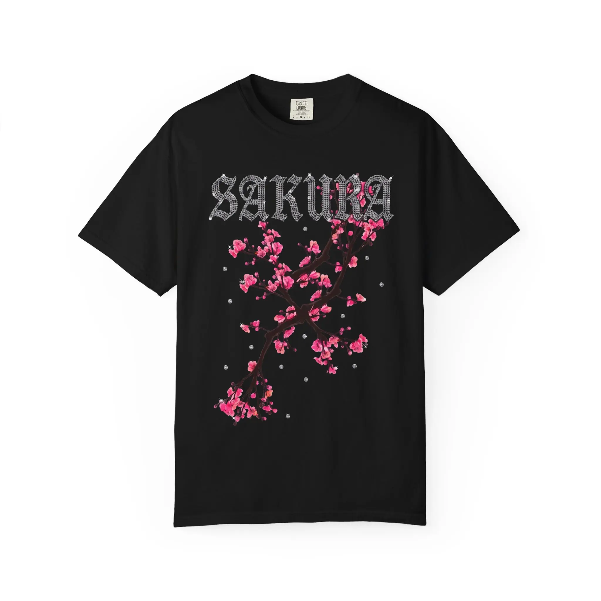 Retro Y2K Sakura Cherry Blossom Graphic Tee - Comfort Colors 1717 Heavyweight Iced Out Rhinestone Font Japanese Aesthetic Streetwear T-Shirt