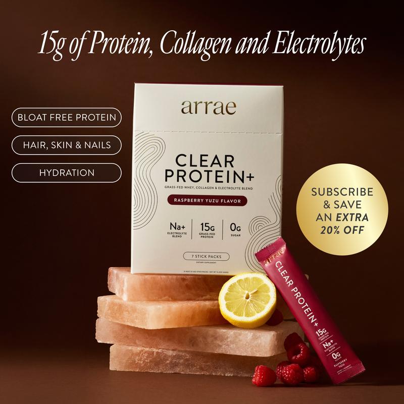 Arrae Clear Protein+ | 15g Grass Fed Whey, Collagen, & Electrolytes Protein | Rasberry Yuzu Flavor| 7 Stick Packs Edible Dietary Supplement Healthcare Fitness Muscle Optimum Fiber