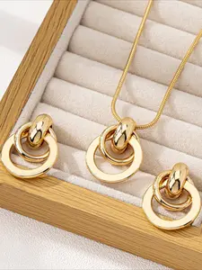 Women's Geometric Round Necklace and Earring Set, Matching Jewelry Set, Fashionable Jewelry Set, Metal Fashion Jewelry for Daily Wear, Versatile Design, European & American Style, Necklaces Earrings Set