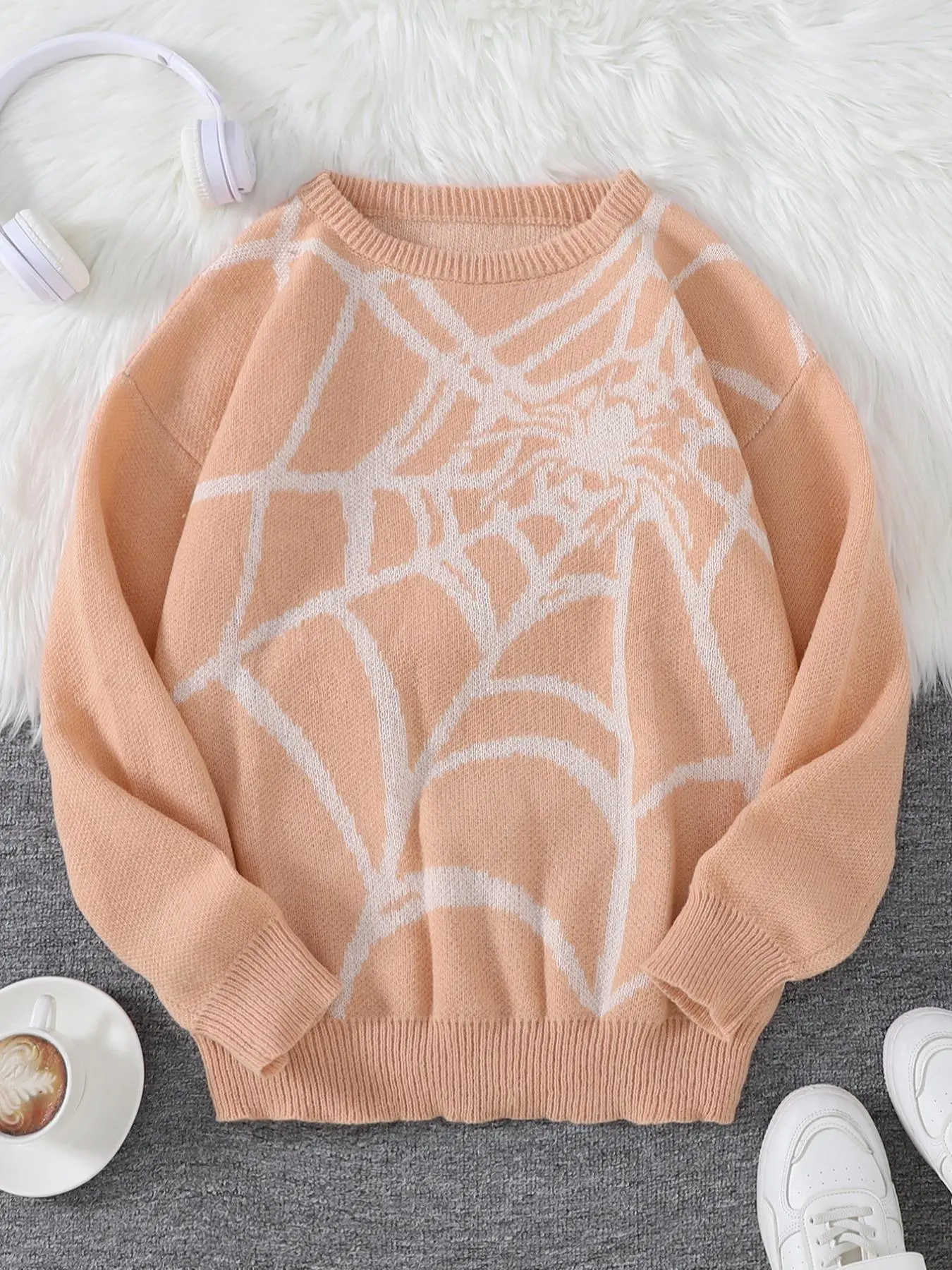 Men's Classic Spider Web Pattern Round Neck Jacquard Sweater, Regular Fit Casual Drop Shoulder Long Sleeve Ribbed Jumper for Spring & Fall, Fashion Aesthetic Men's Knitwear for Daily Wear, Fitted, Knitwear Sweater Top
