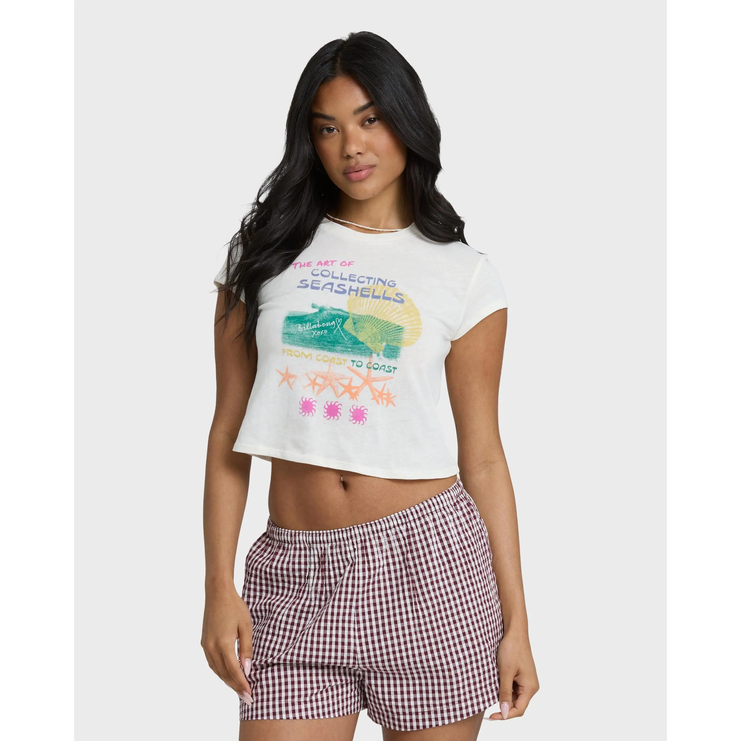 BILLABONG Women's Catch Some Sun Short Sleeve T-Shirt, 100% Cotton Crew Neck Cropped Ribbed Printed Tee, Casual Summer Cropped Top