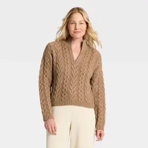 Women's Long Sleeve Split Neck Cable Pullover Sweater - A New Day