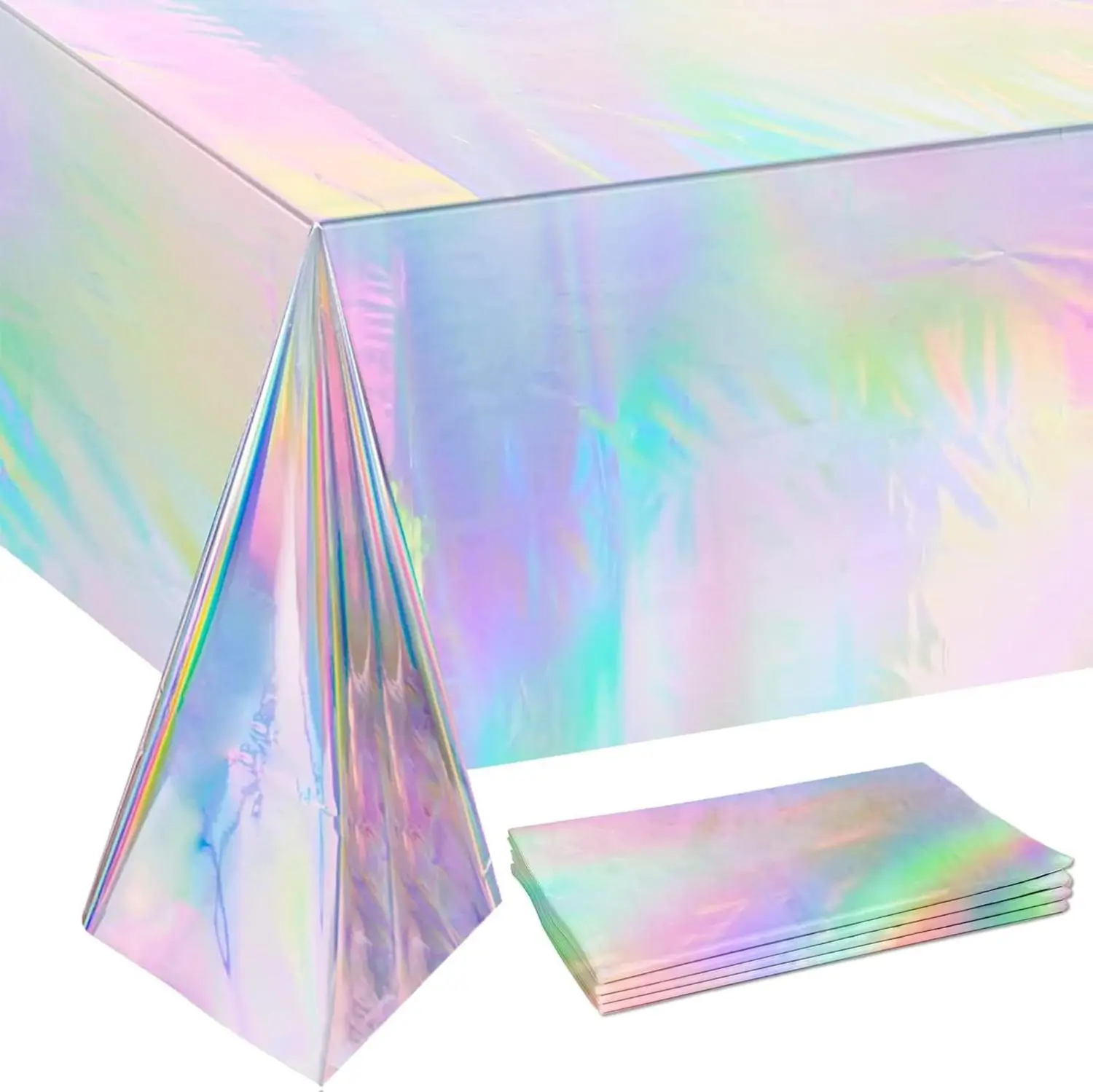 4-Pack Shiny Iridescent Disposable Plastic Rectangle Tablecloths (54"x108") - Lightweight Holographic Outdoor Table Covers, Easy-Clean Photo Props for Wedding, Galentine's Day Decorations
