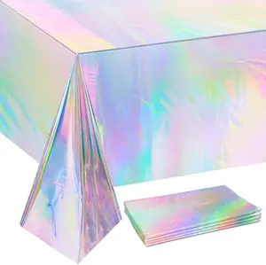 4 Pack Iridescence Plastic Tablecloths Disposable Galentines Day Decorations Rectangle Table Covers Birthday Disco Bachelorette Bridal Wedding Rainbow Iridescent Party Decorations 54" x 108" Holographic Photo