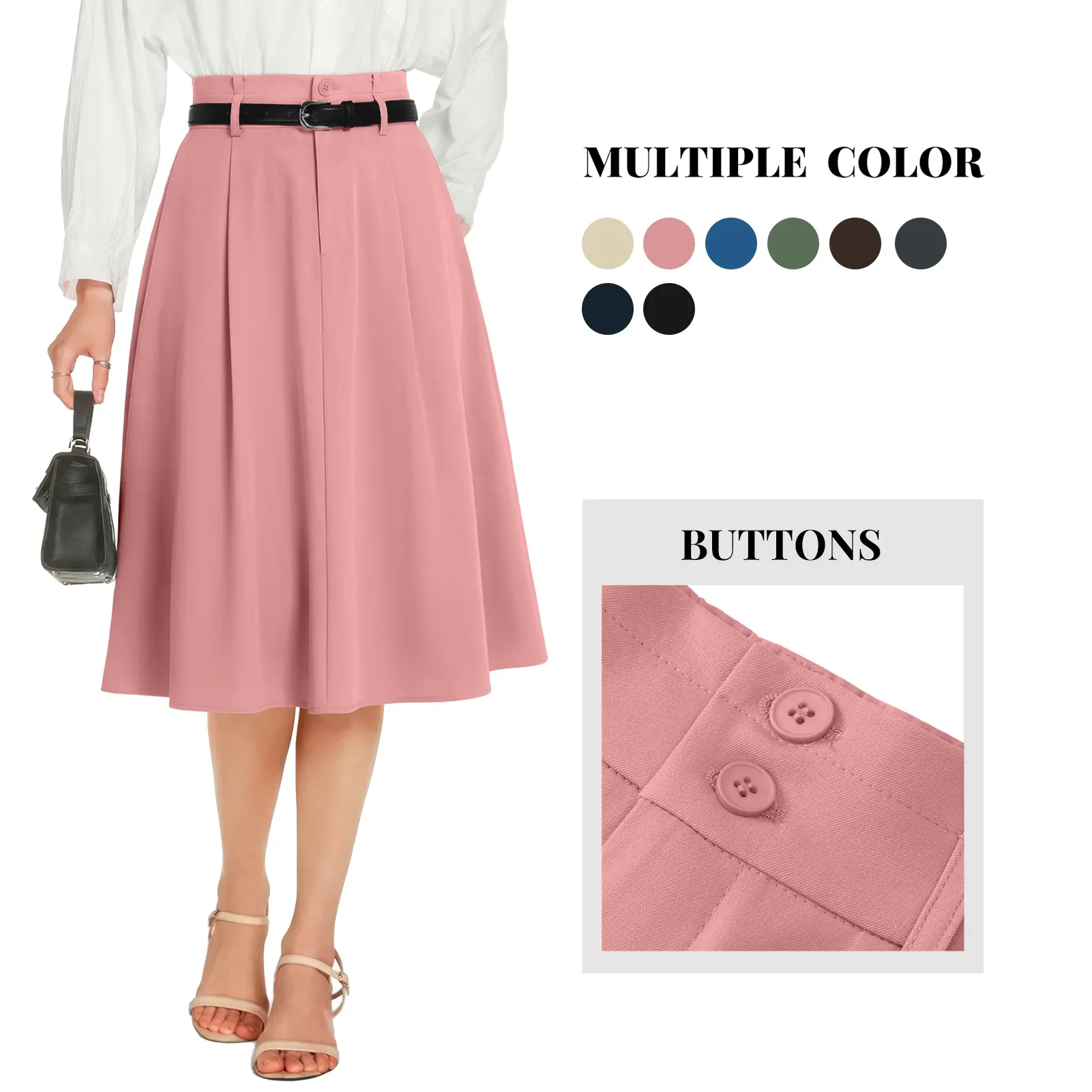 Women's Elegant High-Waist A-Line Pleated Twill Midi Skirt - Adjustable Elastic Waist, Button Front, Fitted, Plain, Chic, Nylon Twill Cotton Fabric, Patch Pockets, Work Corporate Attire, 2XL Women's Bottoms, Patch Pocket