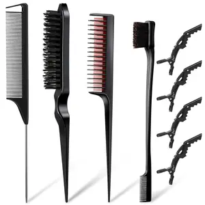 8-Pcs Fluffy Stainless Steel Haircare & Styling Tools Set for Women - Daily & Salon Use: Teasing Brush, Edge Brush, Triple Comb, Rat Tail Comb with Clips