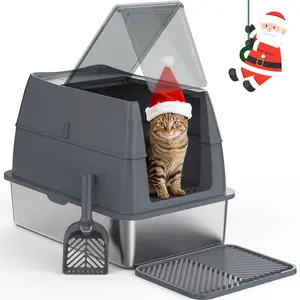 MIXJOY Stainless Steel Litter Box with Lid,XL Extra Large Metal Cat Litter Box for Enclosed,Easy to Scoop with Litter Scoop Set,High Sides Anti-Urine Leakage Non-Sticky