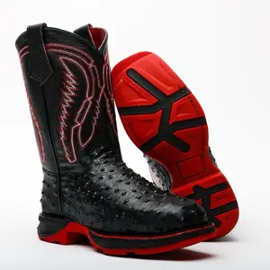 Black Ostrich Leather Boots With 3D Lightweight Sole - Composite Toe