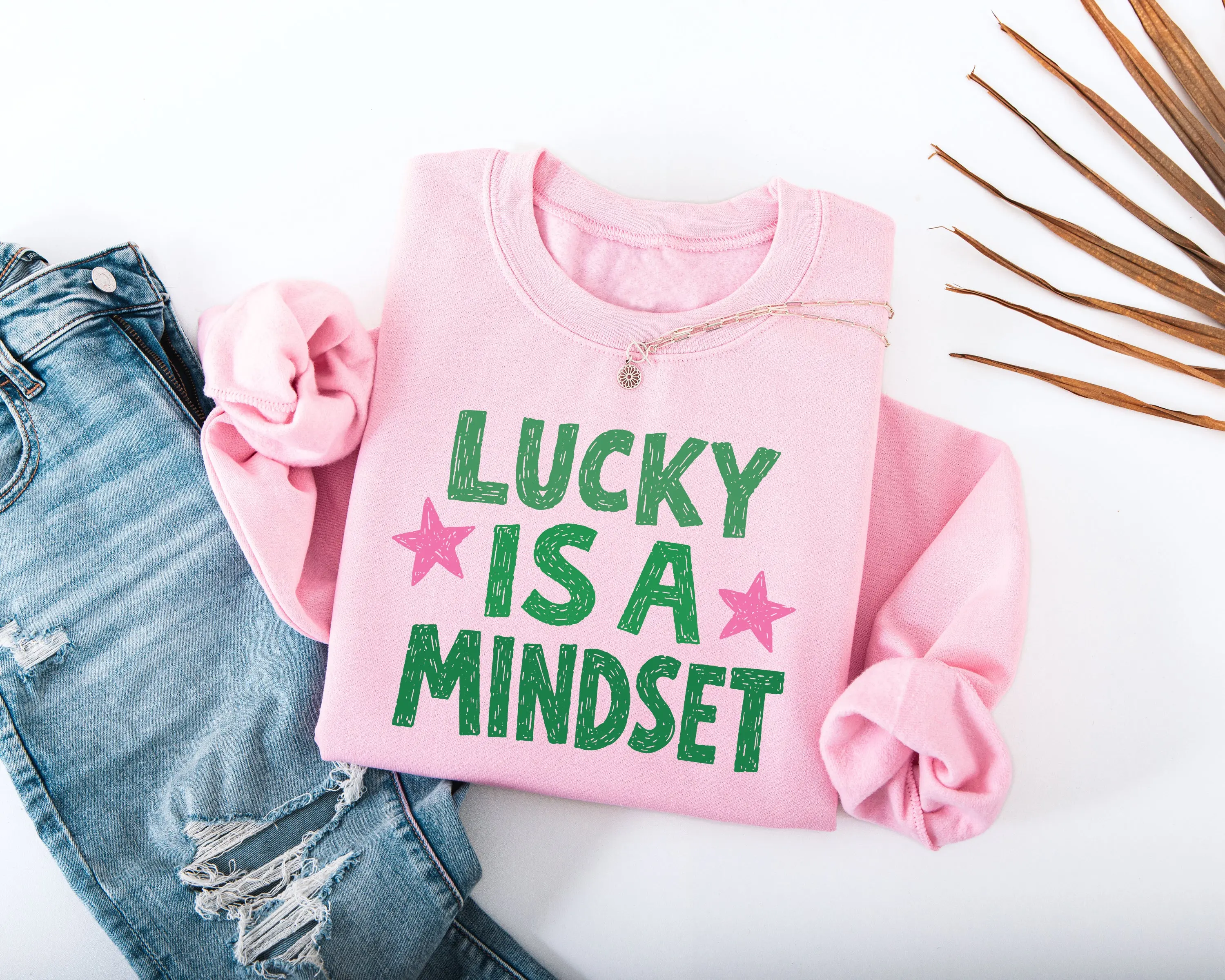 Lucky Is a Mindset Adult Sweatshirt - Soft Cozy Crewneck Green Lettering & Star Accents for St Patrick's Day Festive Wear - Hello Handpressed