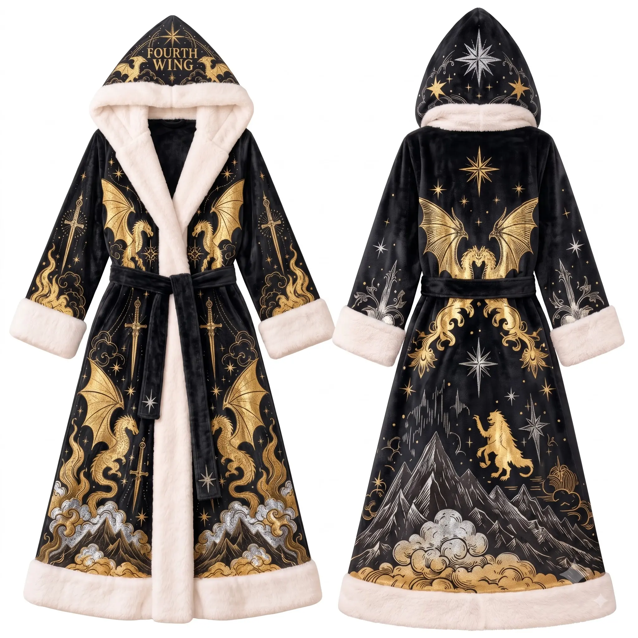 Fourth Wing Velvet Robe with Hooded Design, Long Sleeve, Belted, and Star Motif, Perfect for Cozy Wear