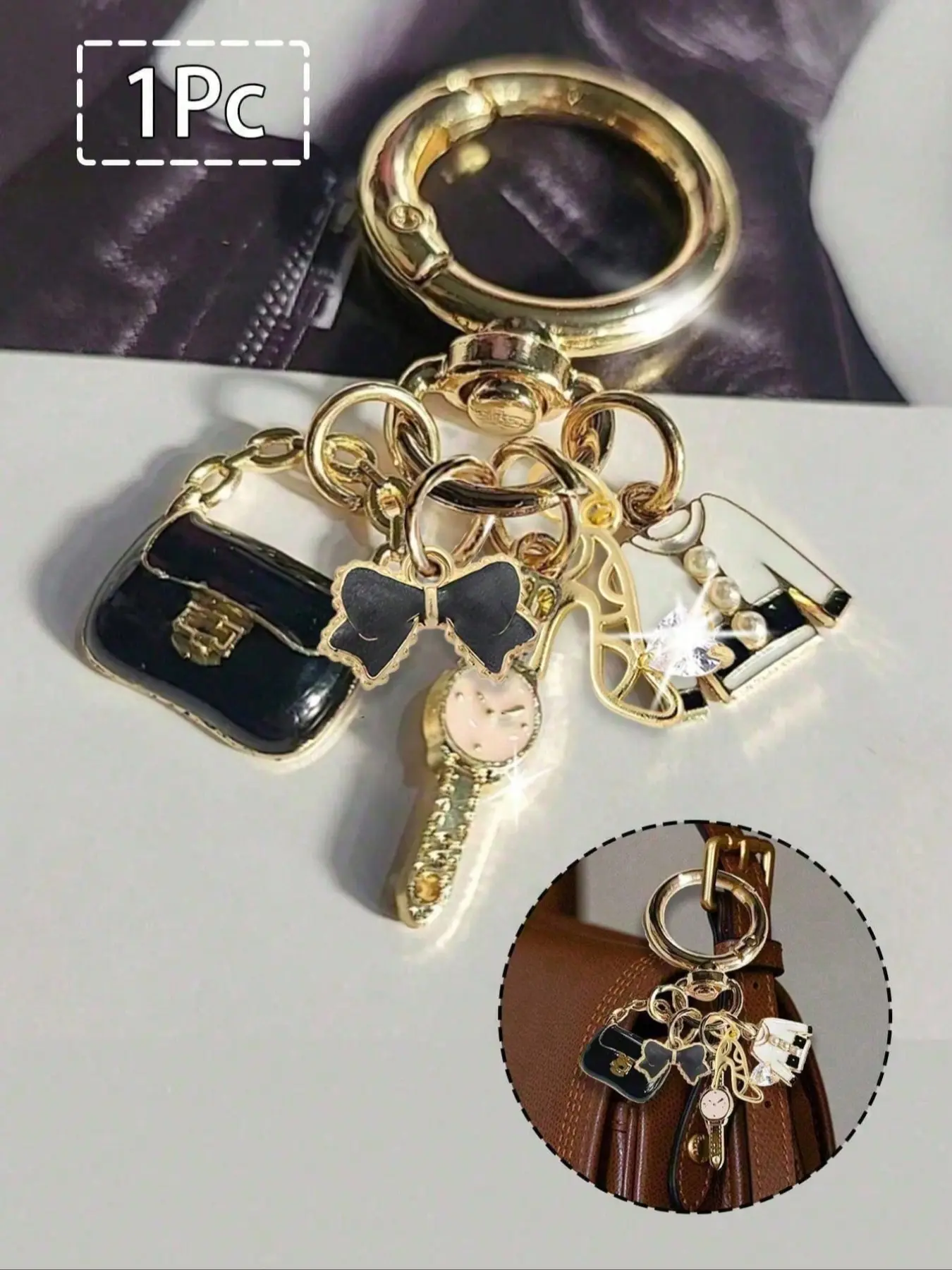 Mini Bag Charm Keychain, Keychain Bag Pendant - Cute metal round key ring with crystal shoe, bow, and mini bag charms, single standalone piece, simple design, suitable for women's wallets and phone accessories