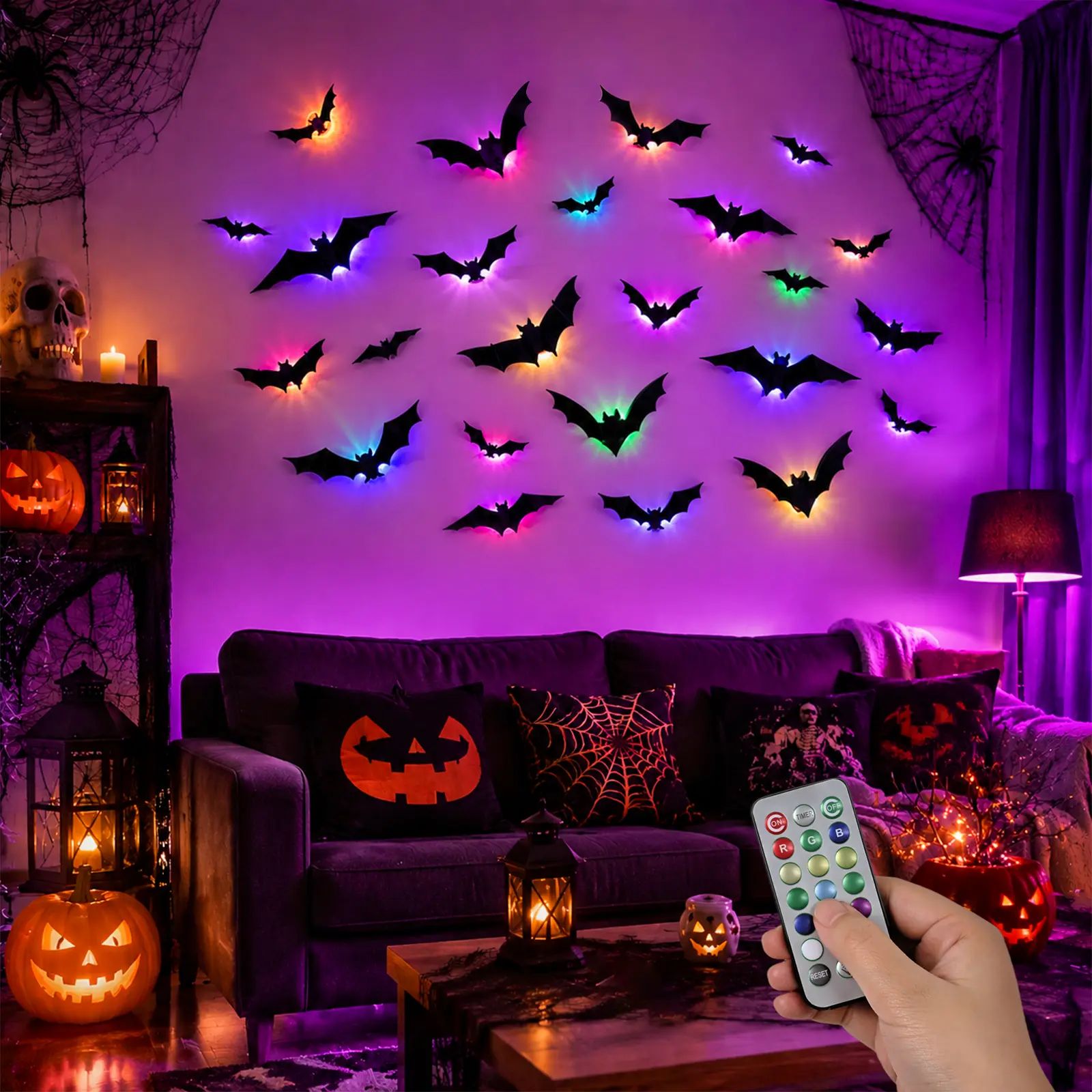 24 PCS Halloween 3D Bat Wall Decor with 12 LED Lights & Remote, 13 Color Changing, 6H Timer, Thickened PET Bat Stickers in 10 Sizes, Includes Painter's Tape, for Walls, Windows & Halloween Parties