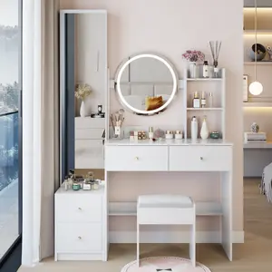 Full Body Mirror Cabinet + Round Mirror LED Vanity Table + Cushioned Stool, 17" diameter LED Mirror, Touch Control, 3-color, Brightness adjustable, Large Desktop, Multi-layer High Capacity Storage