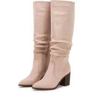 Coutgo Womens Pointed Toe Mid Chunky Heel Side Zipper Knee High Boots Tall Booties