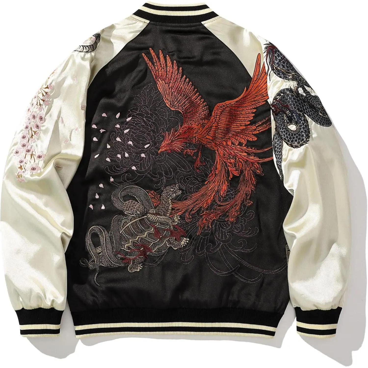 Men's Sukajan Bomber Jacket, Japanese Streetwear with Embroidered Animals like Tiger & Snake, Silky Satin Oversized Full-Zip Windbreaker, Menswear, Fabric, Dragon, Punk