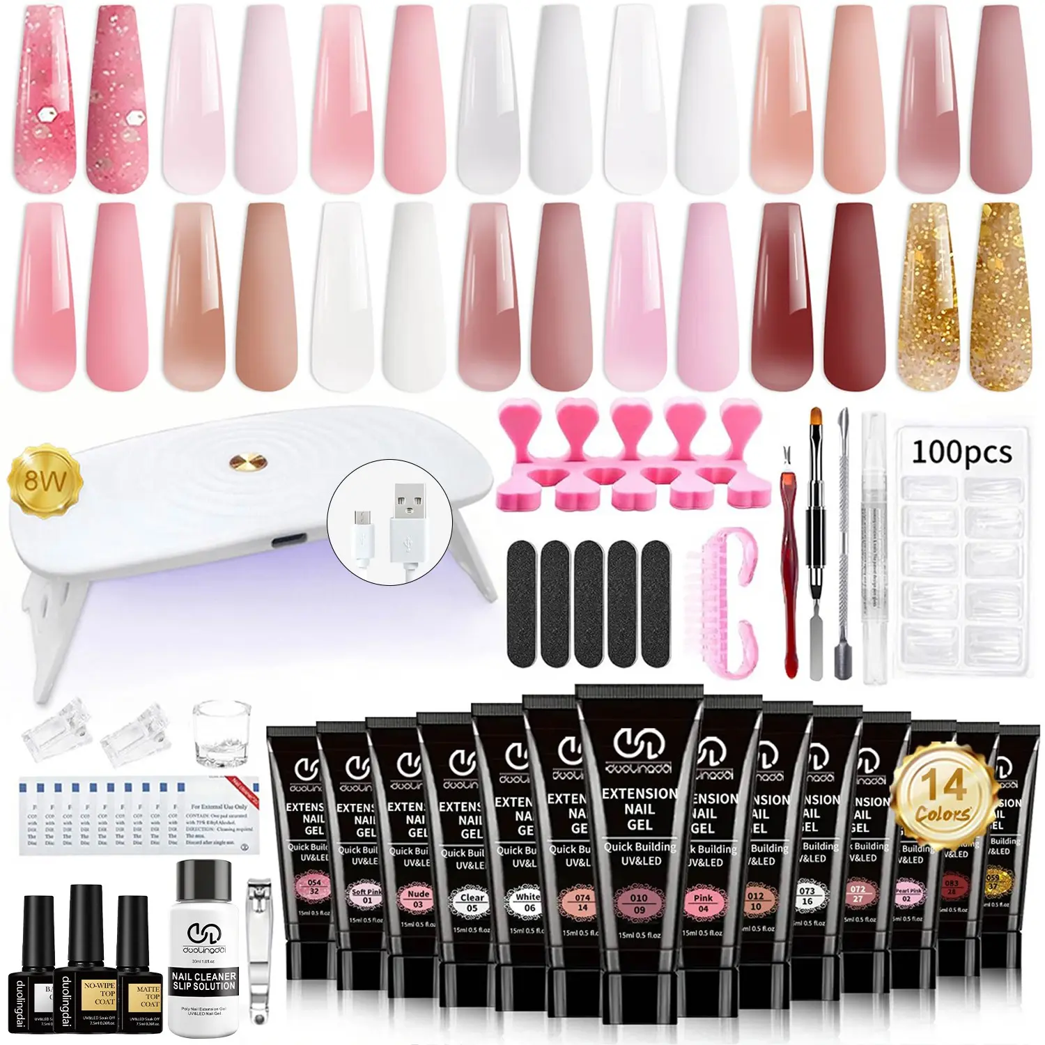 Professional 14-color Polygel Nail Set, 1 Box Poly Gel Nail Kit Complete with Nail Lamp & Brush & Slip Solution & Base Coat & Top Coat & Matte Top Coat, Nail Manicure All-in-One Kit, Gel Nails at Home, Polygel Nail Kits