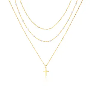 TEWIKY 14K Gold-Plated Triple Layer Necklace Pearl Chain O-Ring Chain Cross Pendant Women's Elegant Fashion Choker Jewelry for Easter Gift