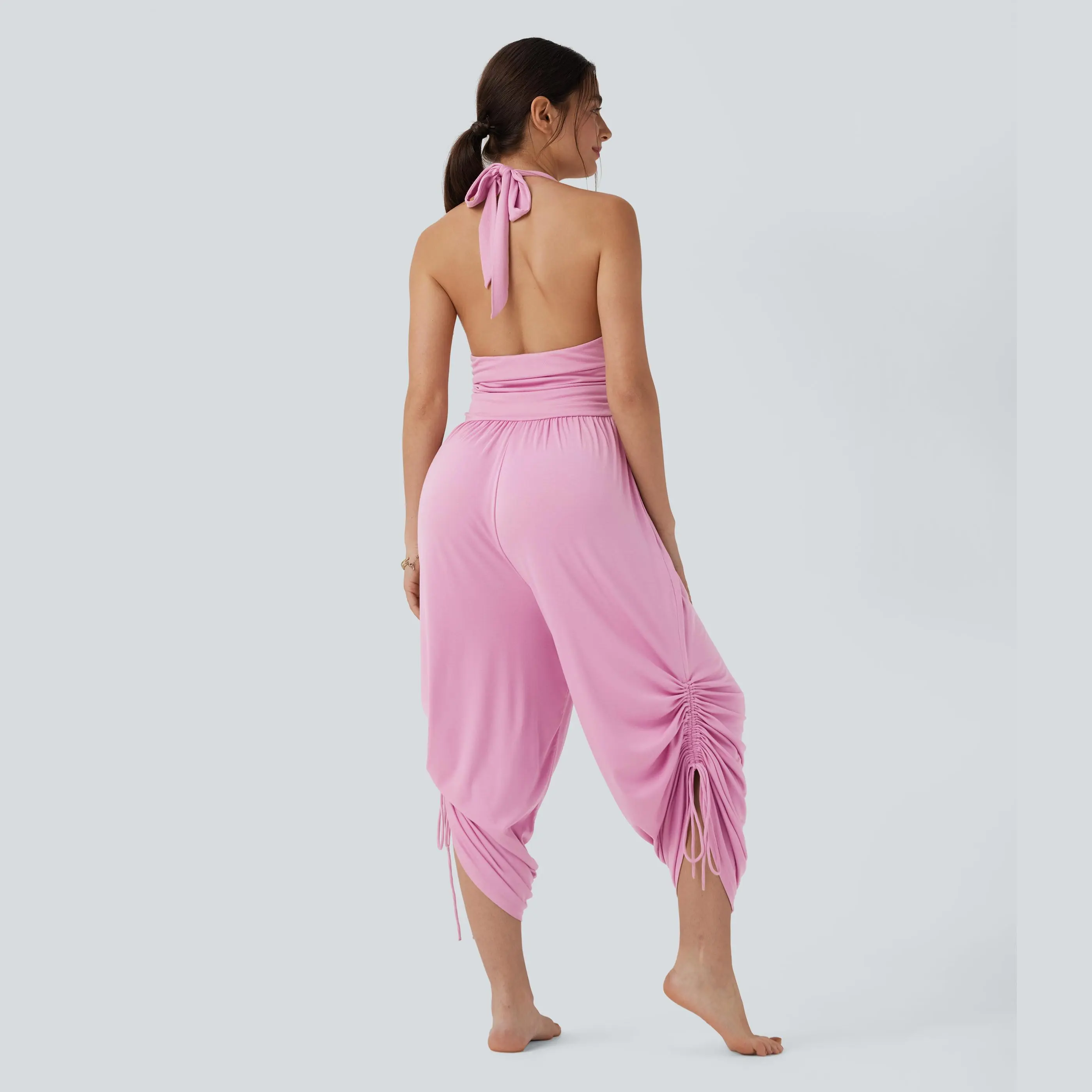 Halara Ribbed Halter Tie Back Drawstring Resort Jumpsuit with Pockets