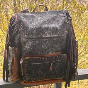 Western Style Cowhide Backpack with Stitching Tooling Accents Multiple Pockets for Everyday Use