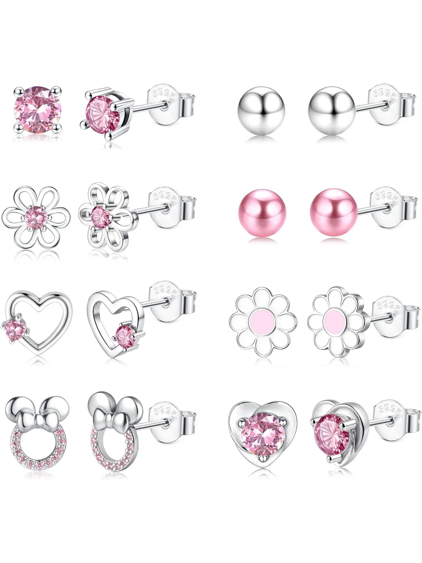 8Pairs 925 Sterling Silver Stud Earrings Jewelry for Women Girls Hypoallergenic Earrings Sets Lightweight Pink CZ Flower Daisy Cute Heart Butterfly Girls Earrings Sterling Silver Kids